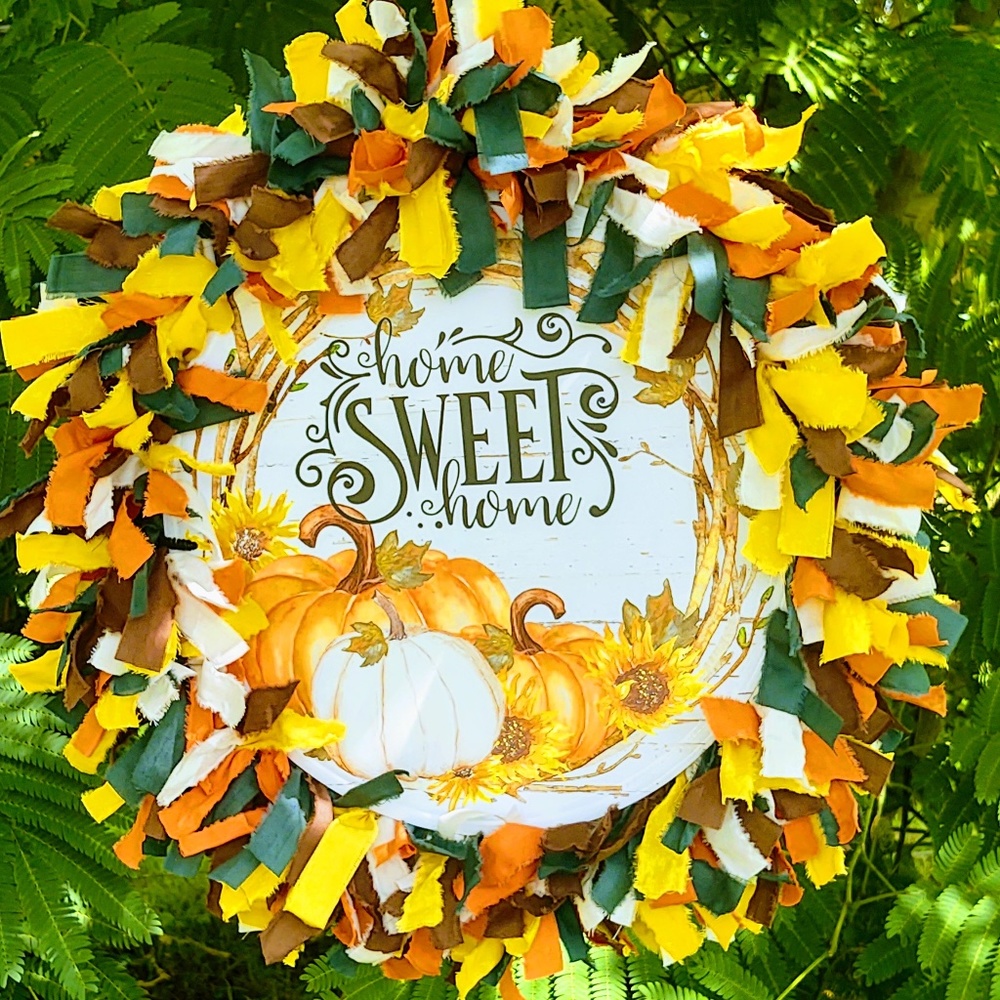 Hand Crafted Fabric Rag Wreath Fall Pumpkins Tin Sign Home Sweet Home Decor 18"